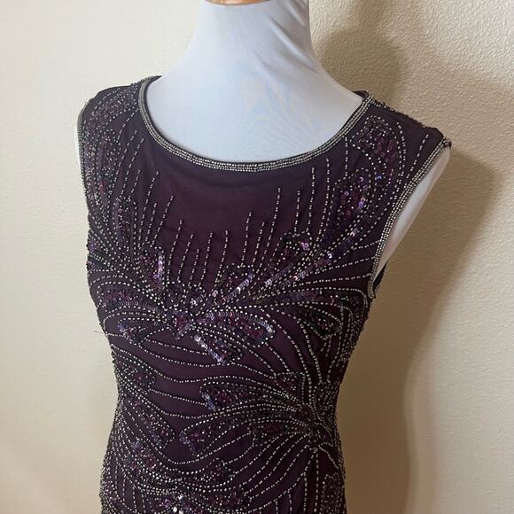 Adrianna Papell Art Deco Beaded Cocktail Dress Purple Silver Sequin Glam Women 4 - Picture 4 of 7